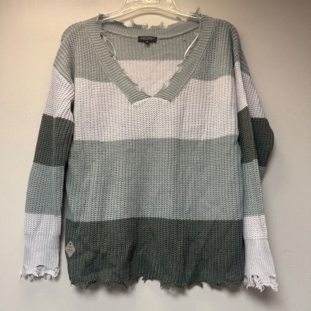 Simply Southern Sweater Womens Small Green Striped Excellent Distressed V-Neck